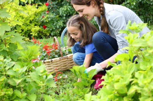 The image depicts a woman and a young girl tending to a garden in a residential outdoor space, likely in Hornsey. The garden features a neatly maintained lawn area with dense, vibrant green grass and a variety of plants and shrubs along the borders. In the foreground, there are leafy plants with broad green leaves, while towards the background, a pathway or paved area is partially visible. The woman and girl are focused on an activity, possibly planting or weeding, with the girl holding a small basket that contains red flowers or garden produce. The garden is surrounded by a lush backdrop of bushes and leafy trees, creating a natural, peaceful environment. Bright natural daylight suggests pleasant weather conditions, with soft shadows indicating a partly sunny sky. The scene exemplifies typical features of residential garden maintenance and outdoor landscaping, which companies like Lawn Mowing Hornsey might service in this area, combining structured lawns with varied greenery for a tidy, welcoming garden space.
